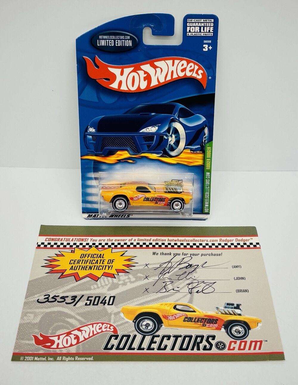 Hot Wheels Collectors Rodger Dodger Yellow Limited Edition w/ COA & Protector